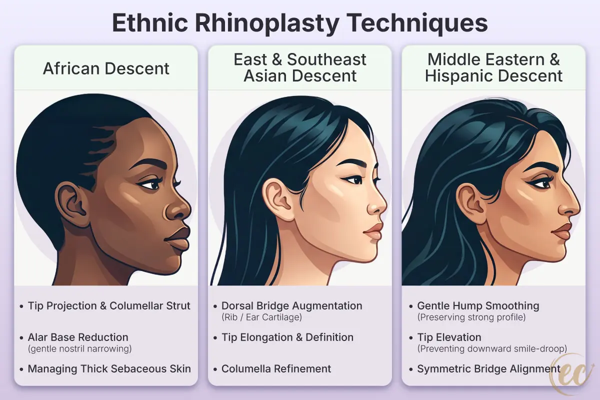 Surgical techniques for African, Asian, and Middle Eastern ethnic rhinoplasty anatomies.
