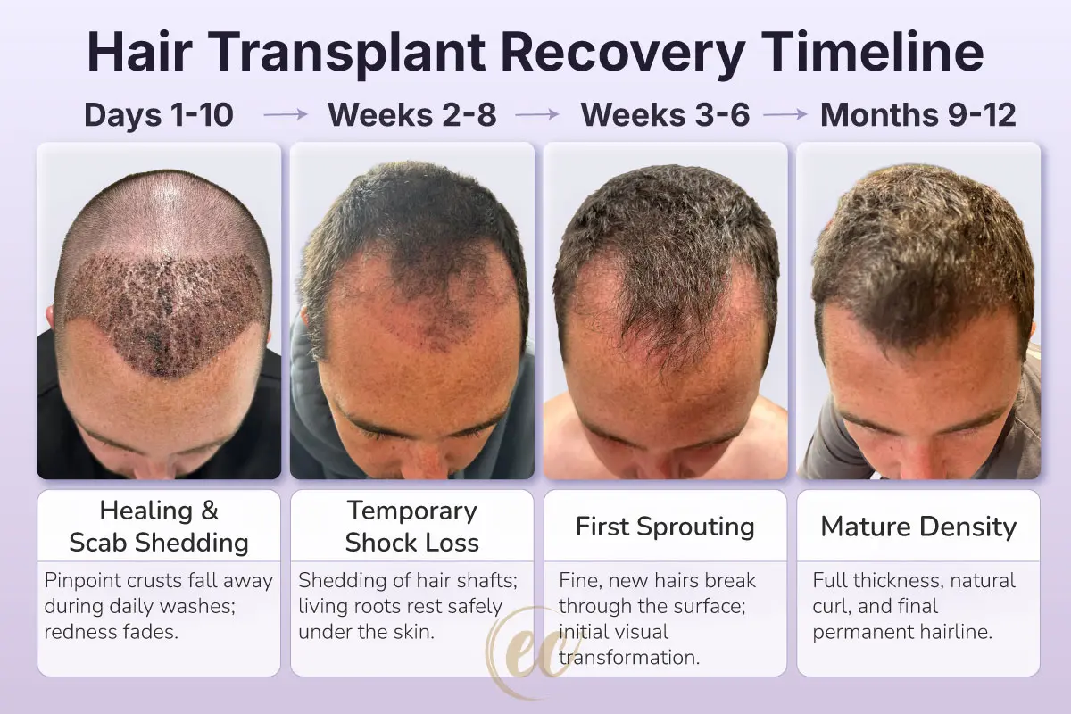 Illustrated 12-month recovery roadmap showing scab shedding, shock loss, and final hair density milestones.