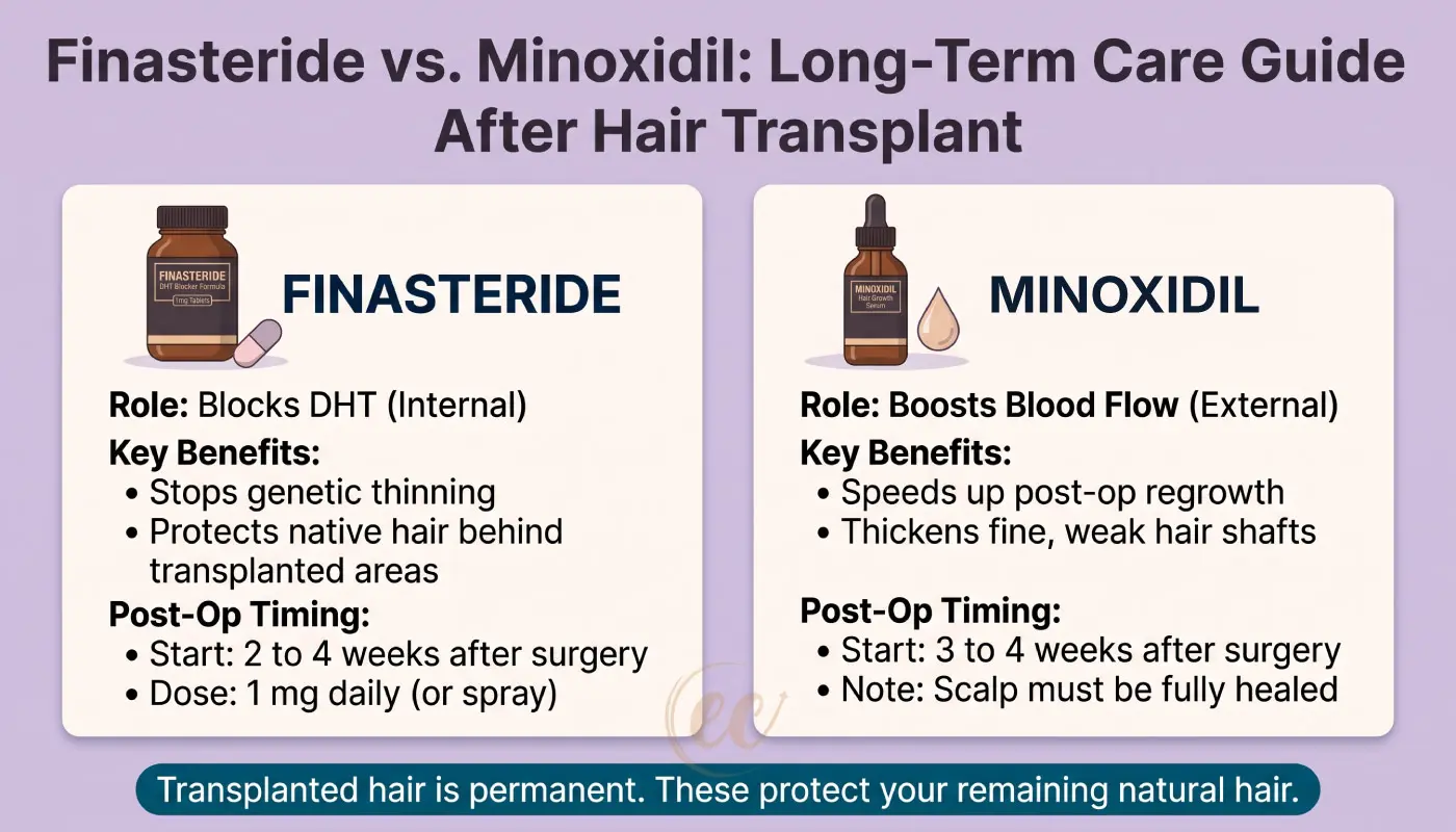 the benefits, mechanism of action, and usage instructions for Finasteride and Minoxidil after a hair transplant.