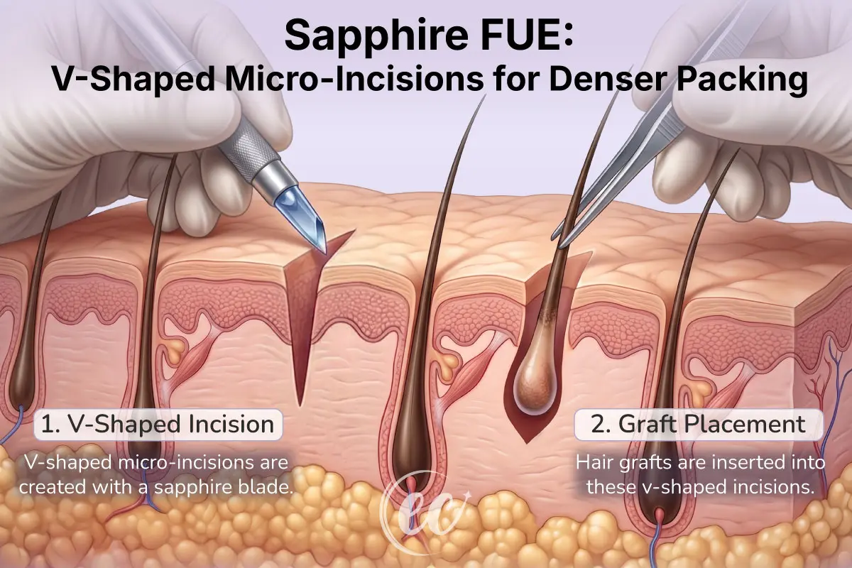 Medical graphic of a V-shaped sapphire blade creating micro-channels on the scalp for dense hair graft placement.