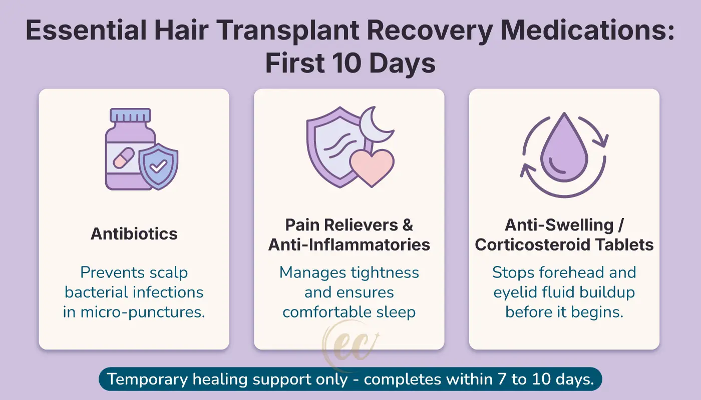 10-day recovery medication protocol after a hair transplant, including antibiotics, pain relievers, and anti-swelling tablets
