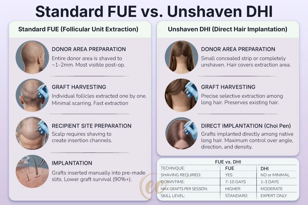 Standard FUE vs. Unshaven DHI