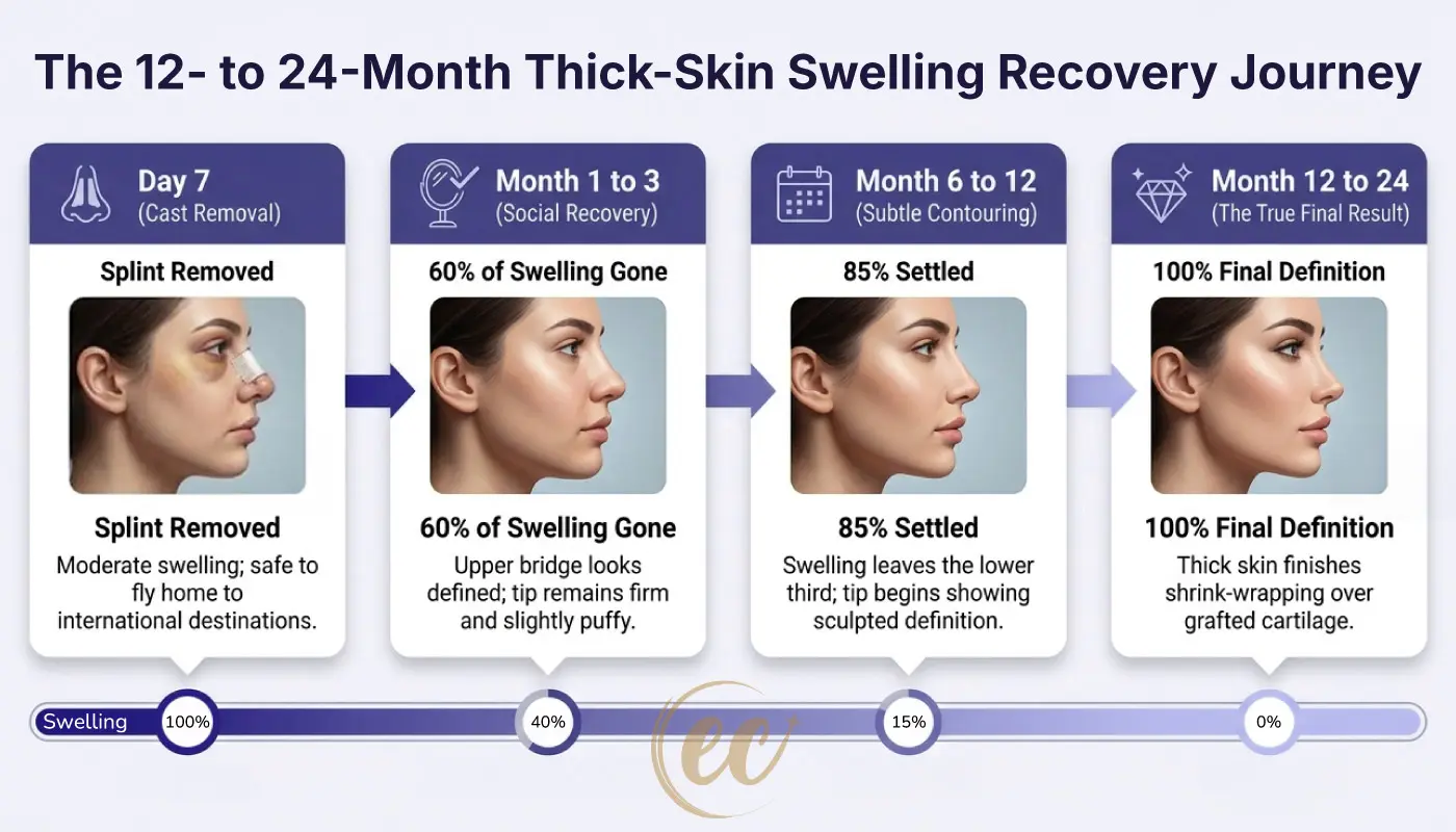 Illustrated 2-year timeline of swelling resolution and tip definition stages after ethnic rhinoplasty.