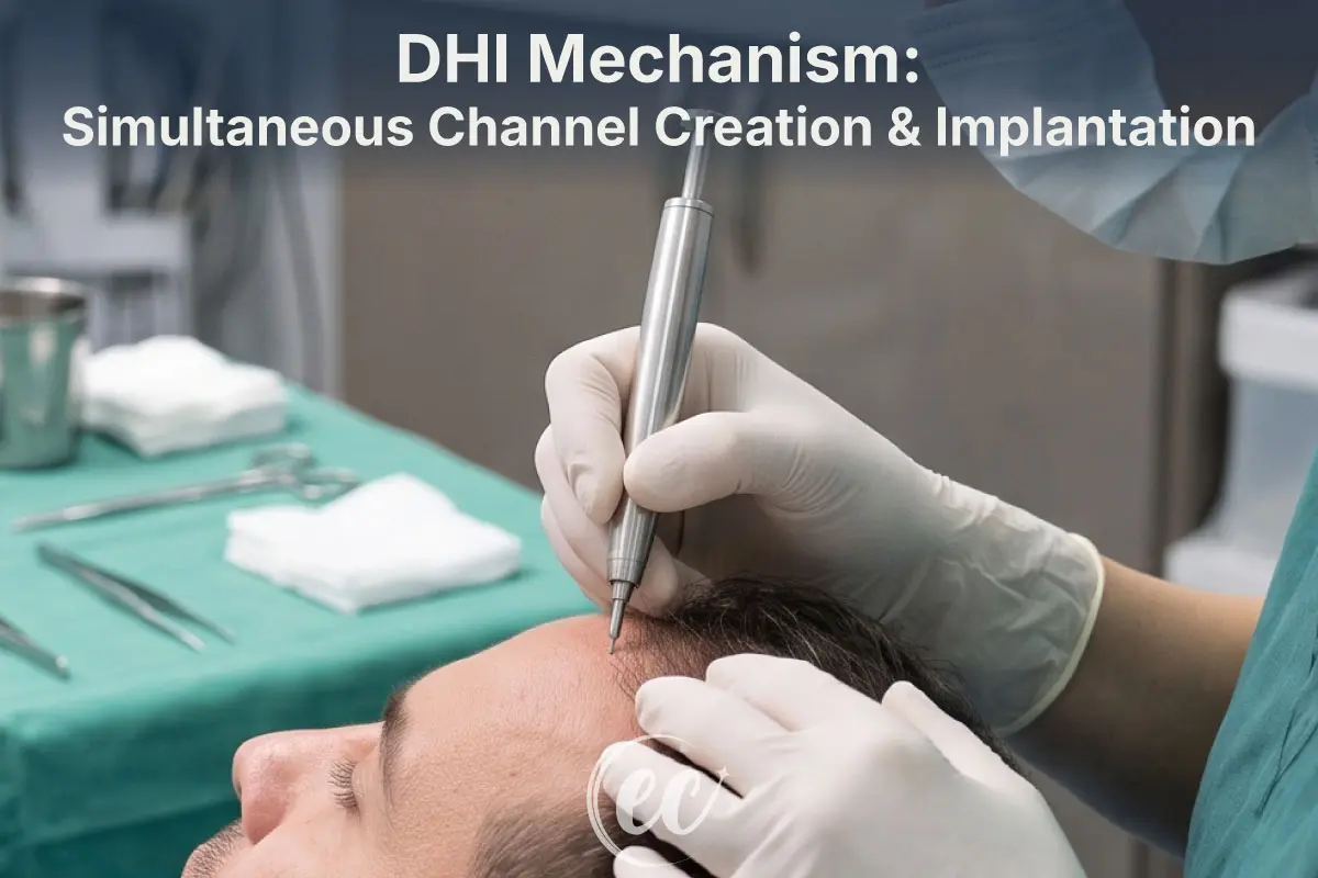 How a Choi Implanter Pen loads, punctures, and deposits a hair follicle directly into the scalp in one step.