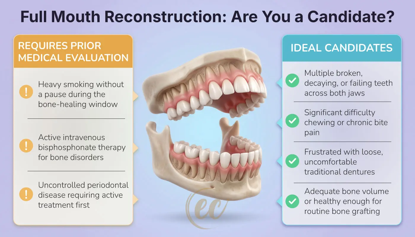 Candidate qualification infographic listing key criteria for full mouth dental reconstruction versus situations requiring prior medical evaluation.