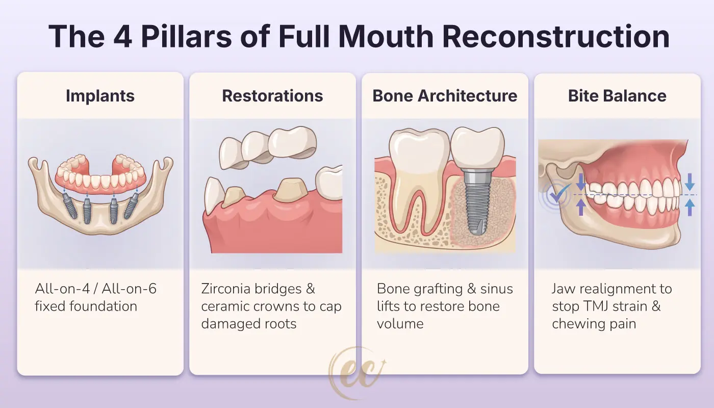Infographic showing the 4 primary treatment components of full mouth dental reconstruction: dental implants, custom crowns, bone grafting, and bite realignment.