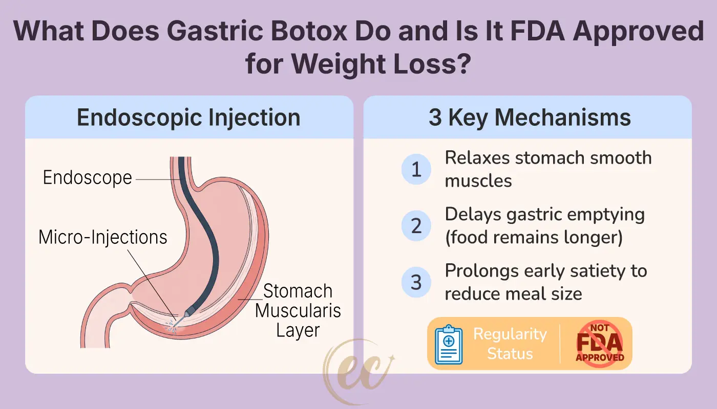 the regulatory status of gastric Botox alongside an endoscopic stomach injection diagram.