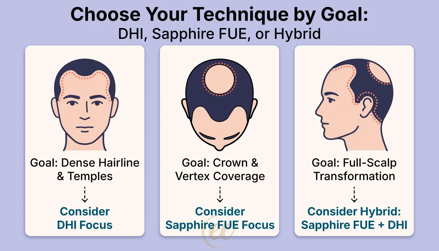 Infographic showing how to choose between DHI, Sapphire FUE, and a hybrid hair transplant based on specific treatment goals.